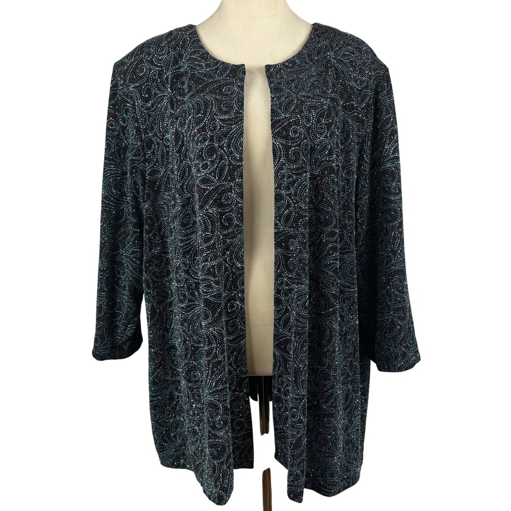 Alex Evenings Women's XL Open Front Cardigan Blazer Sparkle Black‎ Teal Paisley